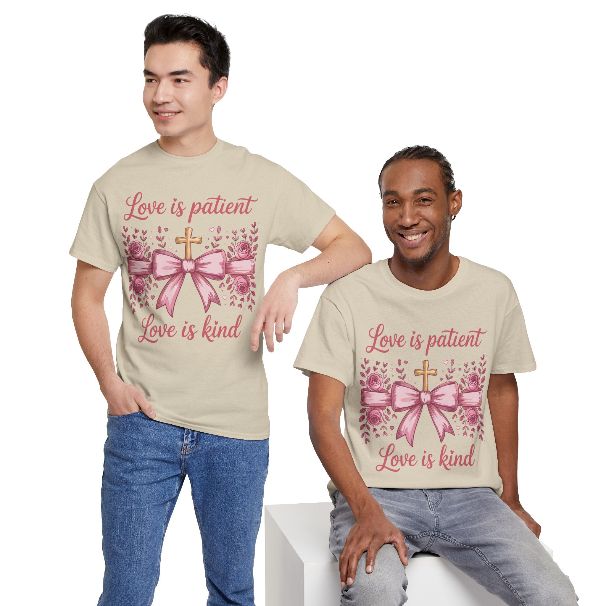 Christian Floral Tee — "Love is Patient, Love is Kind" Pink Rose Cross. Unisex Cotton Tee