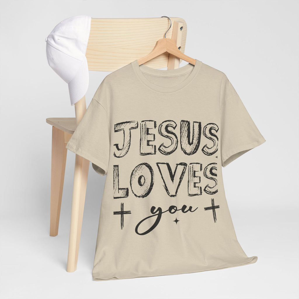 Jesus Loves You Chalk-Style Tee — Crosses & Stars Christian UNisex Cotton T-Shirt
