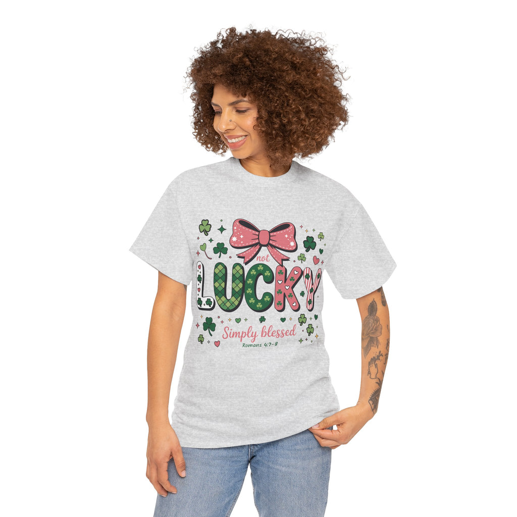 Simply Blessed Tee — “Not Lucky, Simply Blessed” with Pastel Bow, Clovers & Romans 4:7-8 Unisex Cotton Tee