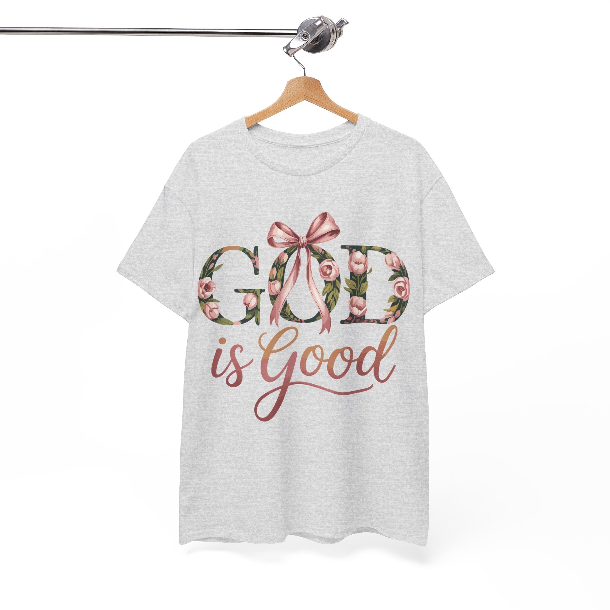 God Is Good Pink Rose Tee — Floral Ribbon Faith Unisex Cotton T-Shirt