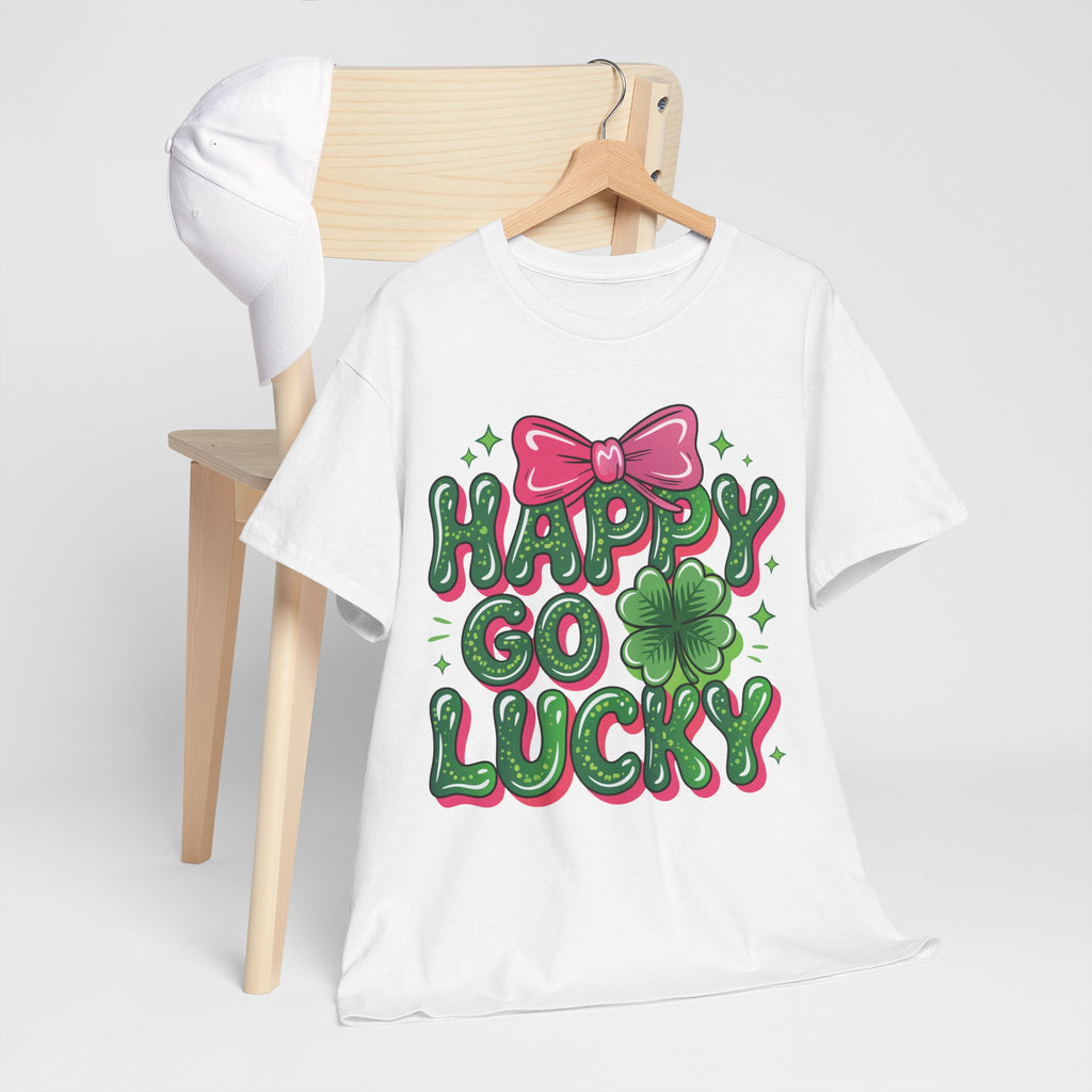 Happy Go Lucky Four-Leaf Clover Tee — Glossy Green Letters & Pink Bow Unisex Cotton Tee