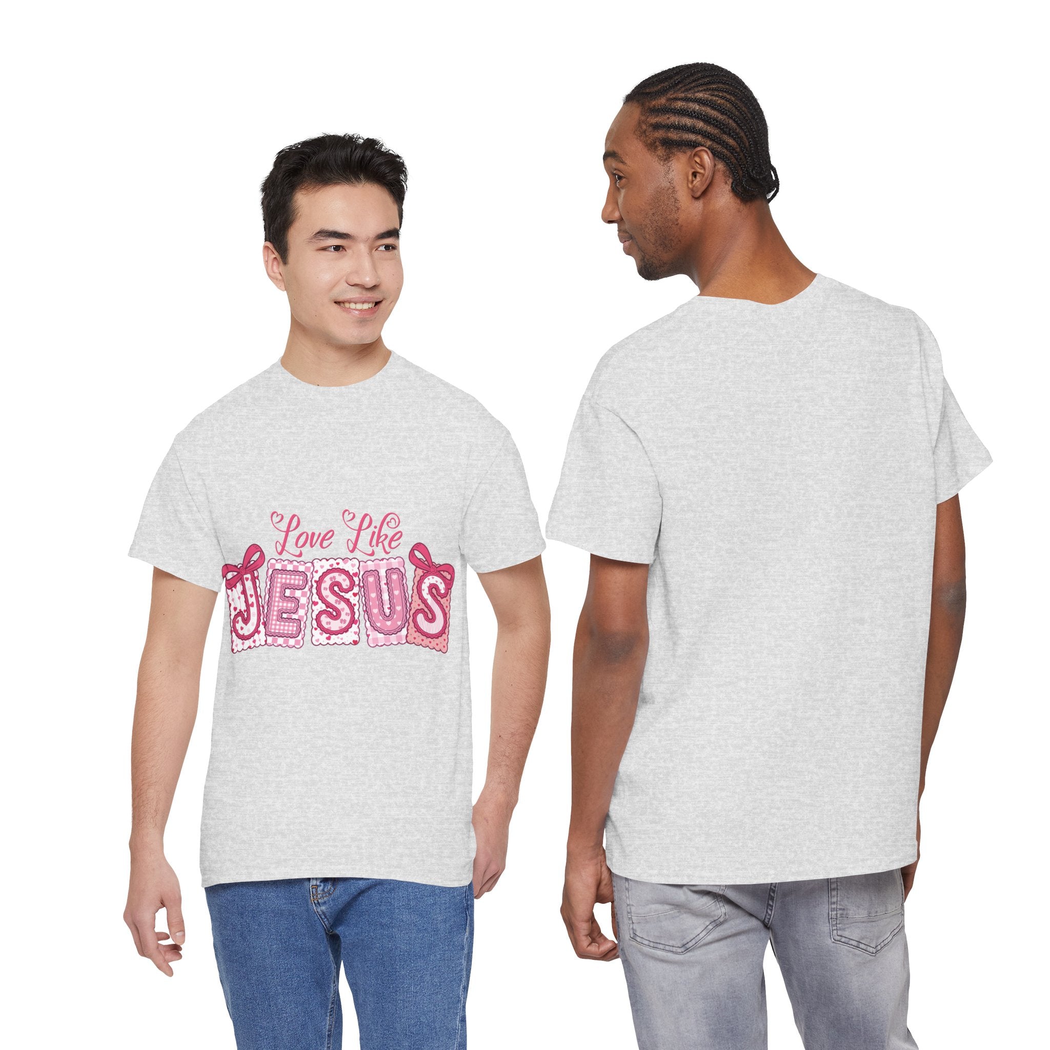Love Like Jesus Patchwork Tee — Pink Stitched Heart Graphic.Unisex Cotton Tee