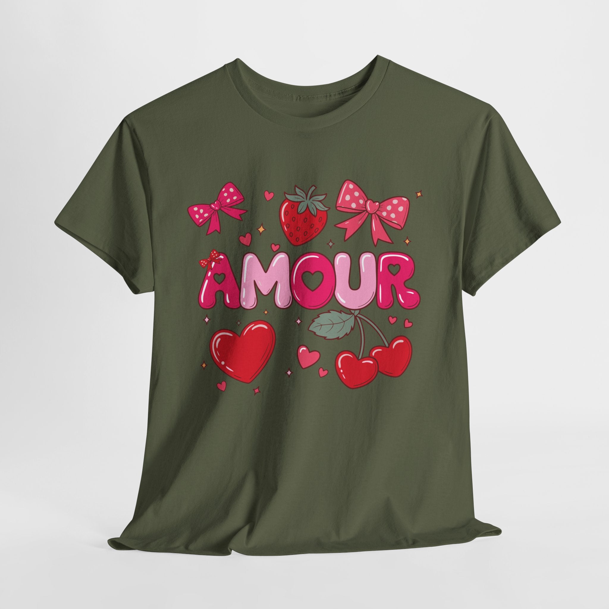 Amour Pink Hearts Tee — Shiny Lettering with Bows, Cherries & Strawberry Accent...Unisex Cotton Tee