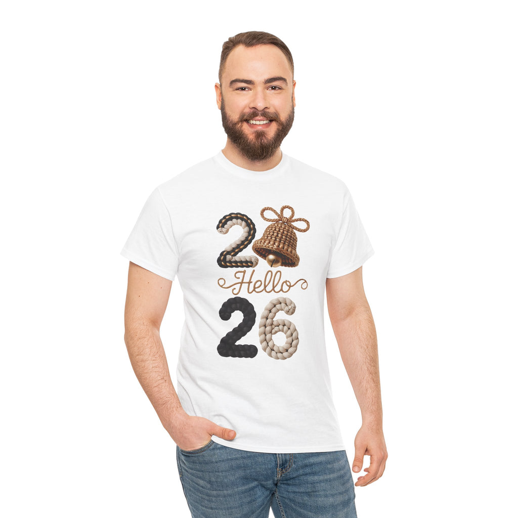 Hello 2026 Tee — Cozy Faux Yarn Braided Numbers with Woven Golden Bell..Unisex Cotton Tee