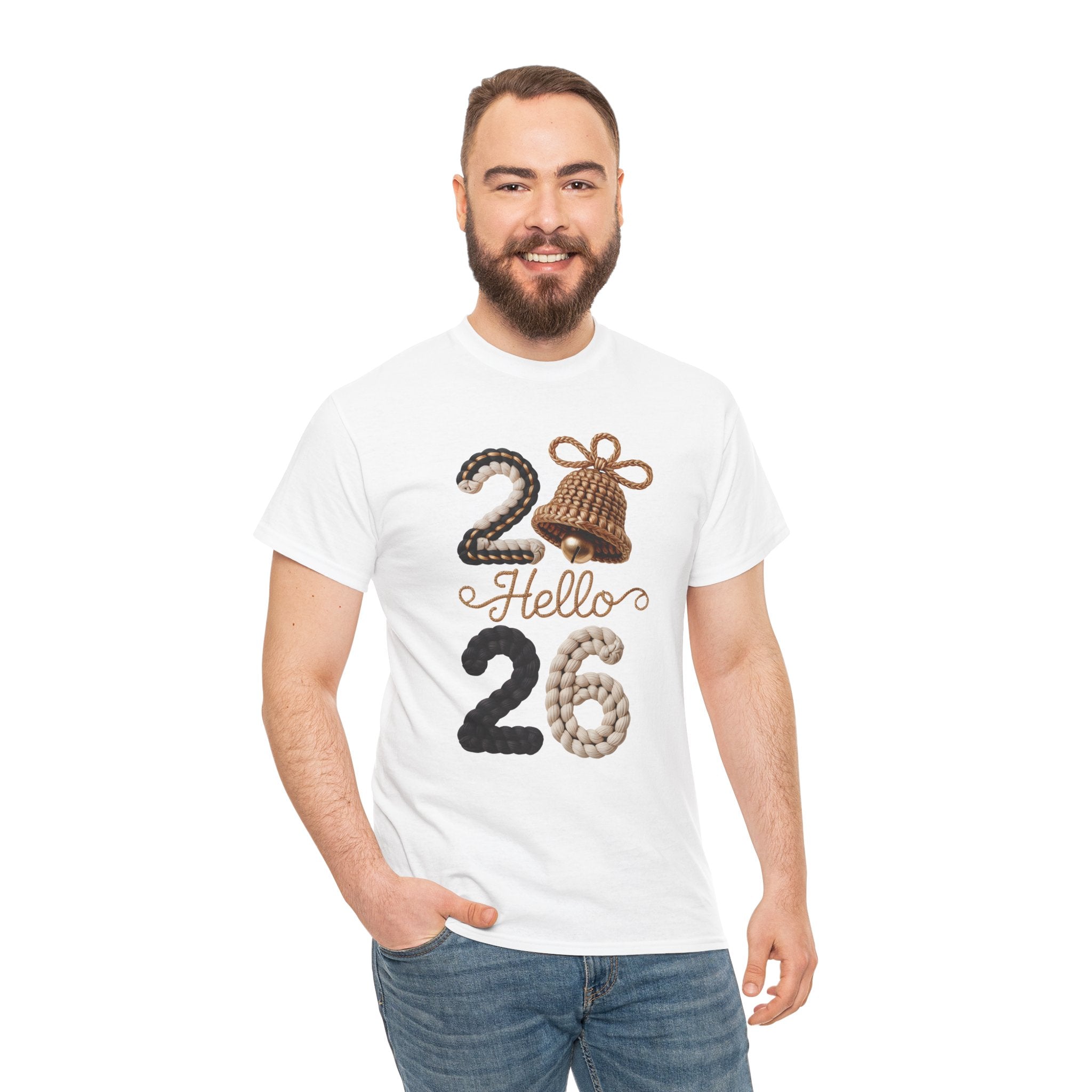 Hello 2026 Tee — Cozy Faux Yarn Braided Numbers with Woven Golden Bell..Unisex Cotton Tee