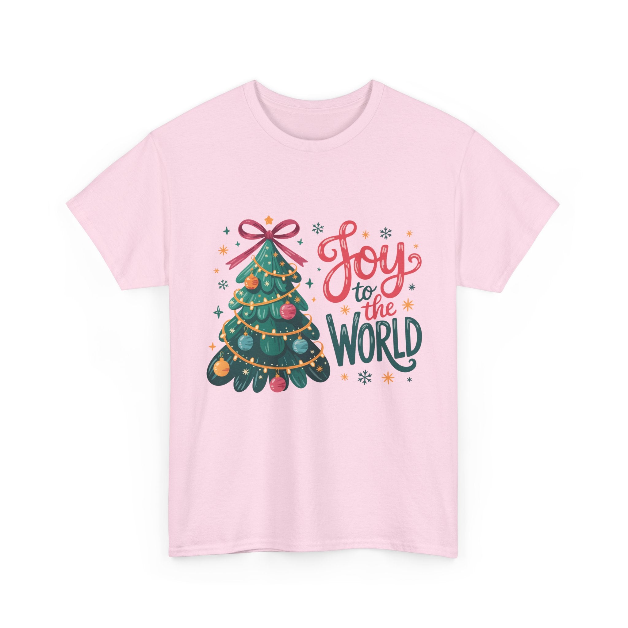 Joy to the World Christmas Tee — Festive Tree with Pink Bow..Unisex Cotton Tee