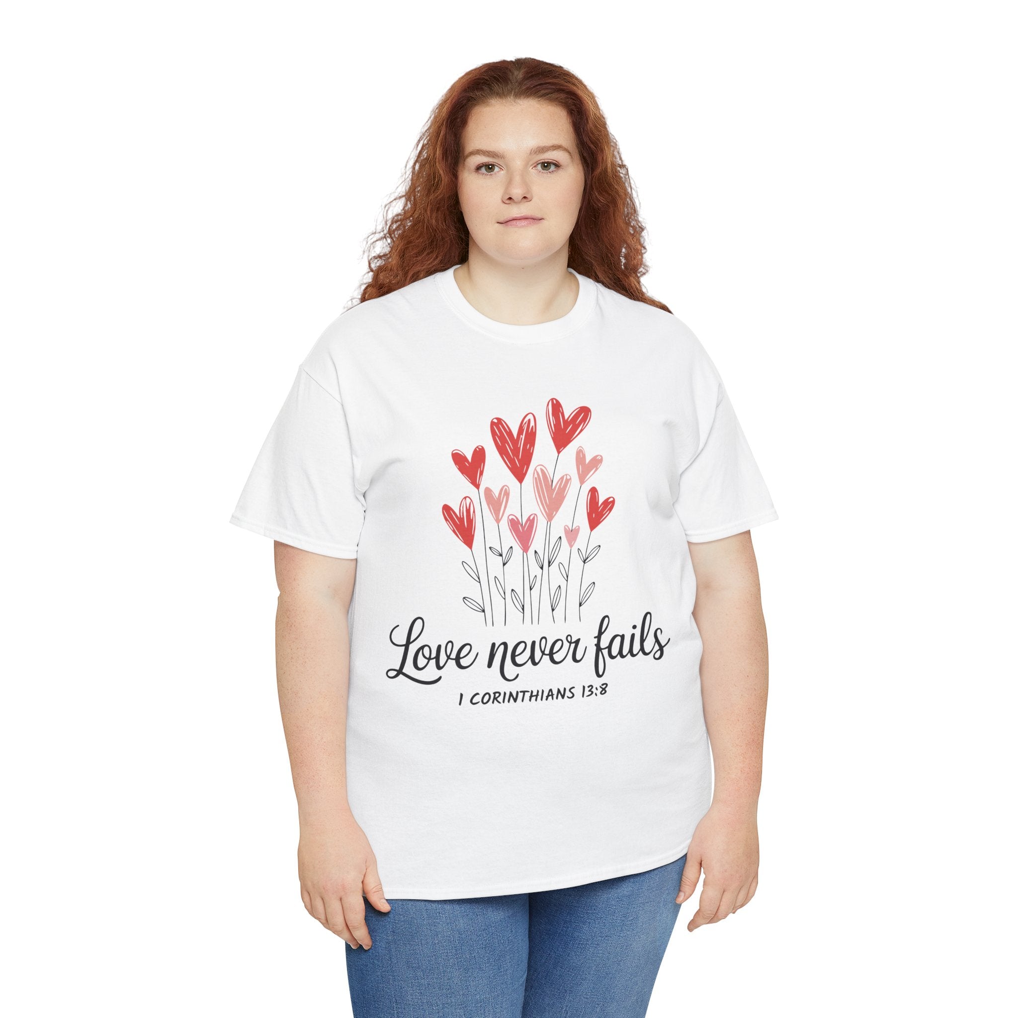 Christian Valentine T-Shirt — "Love Never Fails" (1 Corinthians 13:8) Unisex Cotton Tee