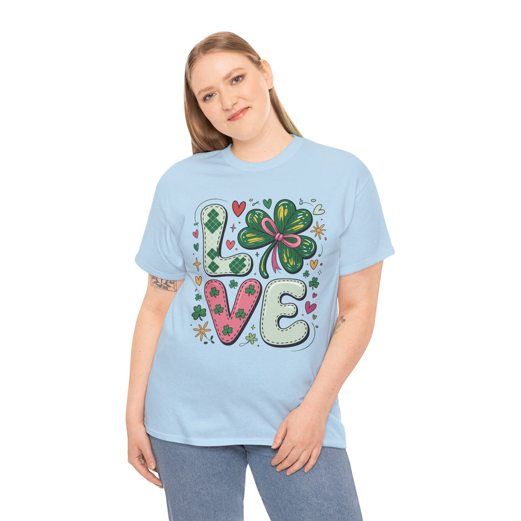 Stitched Clover 'LOVE' Tee — Heart & Patchwork St. Patrick's Unisex Cotton T-Shirt