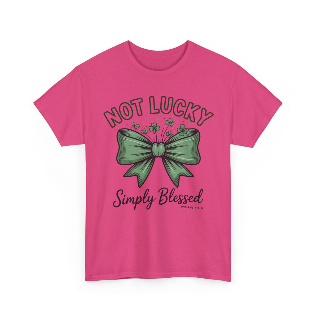 Not Lucky, Simply Blessed T-Shirt — Green Bow & Clovers St. Patrick’s Unisex Cotton Tee