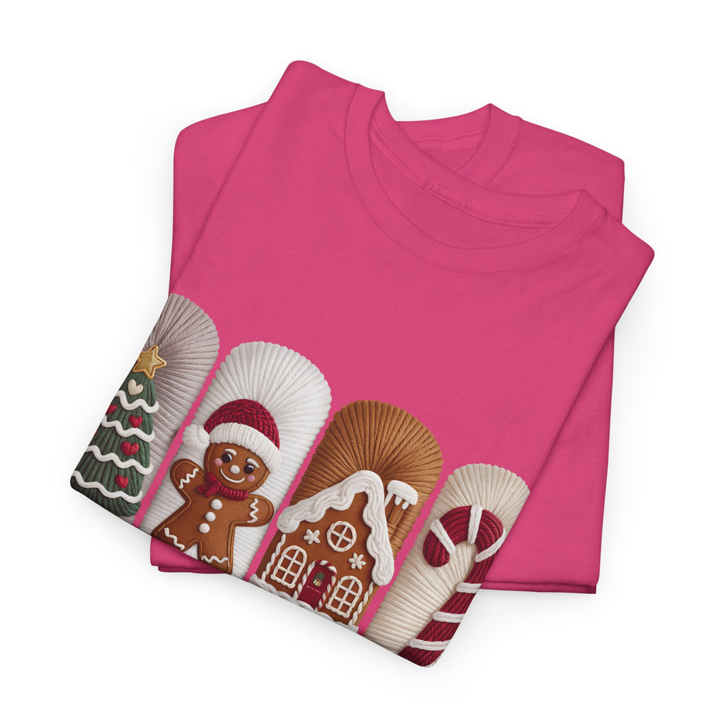 Christmas Faux-Yarn Tree Tee — Gingerbread House & Candy Cane Holiday Unisex Cotton T-Shirt
