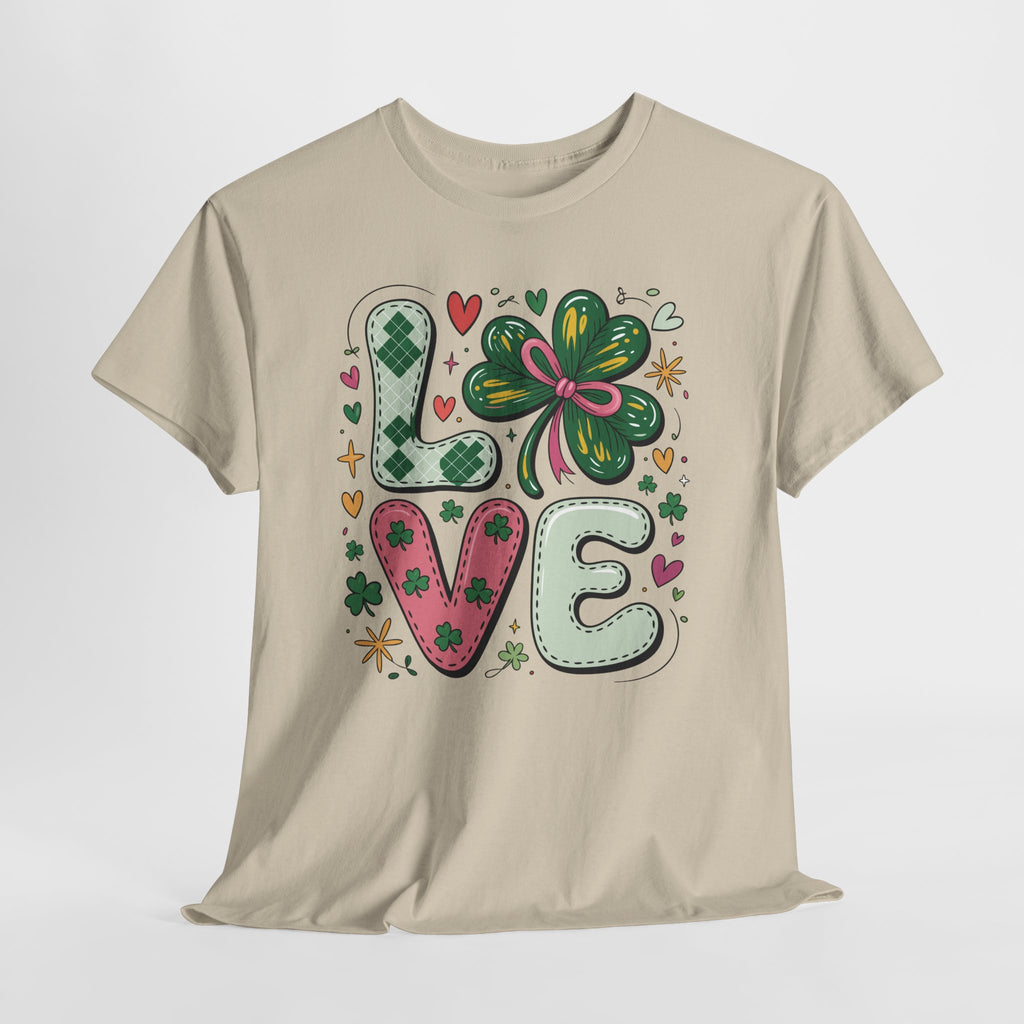 Stitched Clover 'LOVE' Tee — Heart & Patchwork St. Patrick's Unisex Cotton T-Shirt
