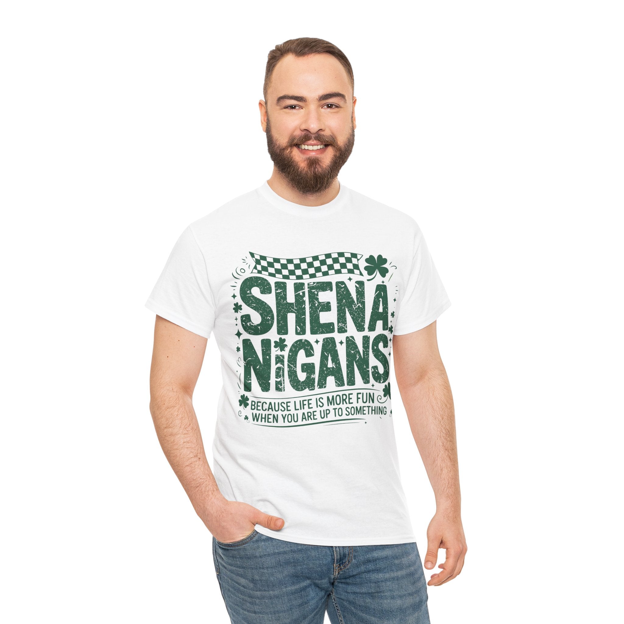 Shenanigans Clover Tee — Bright Green St. Patrick’s Day Shirt with Checkered Flag Unisex Cotton Tee