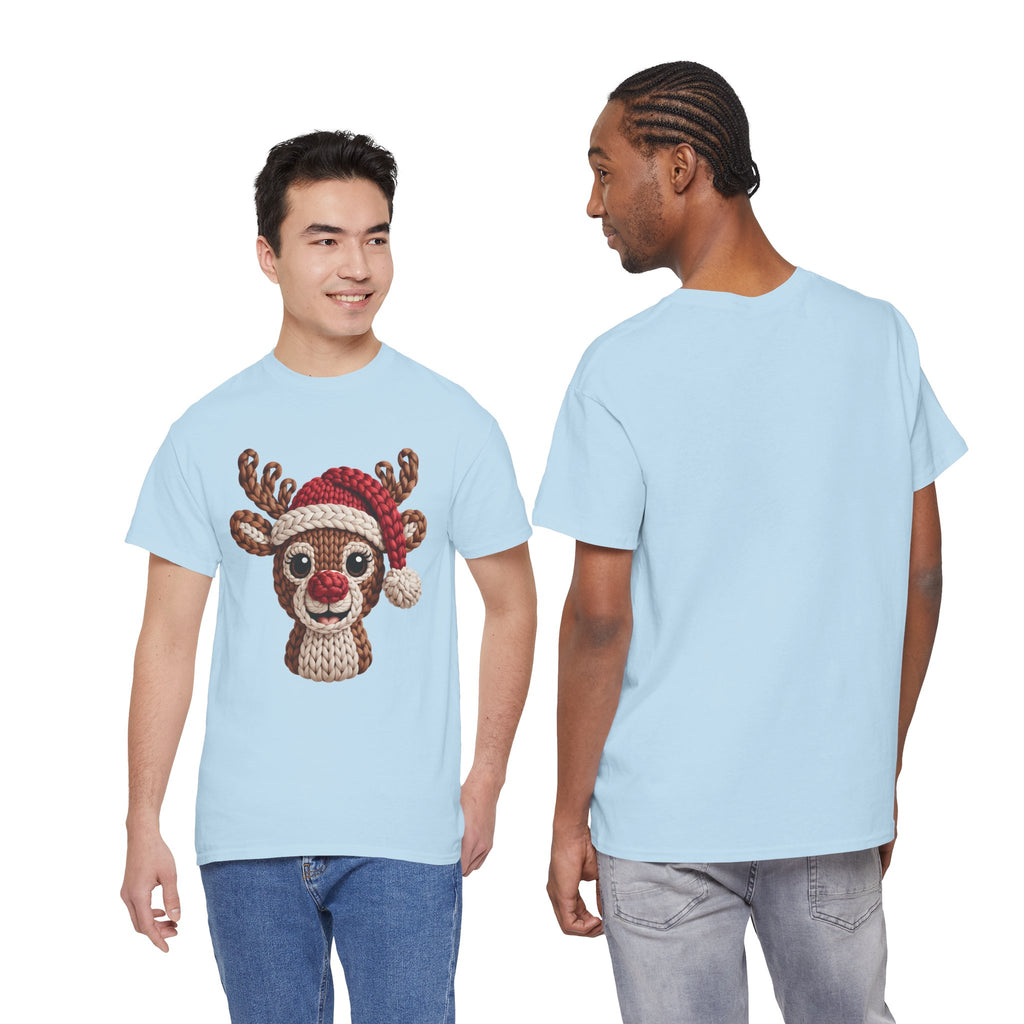 Reindeer in Santa Hat Cotton Tee — Joyful Faux-Yarn Holiday Unisex Coton T-Shirt