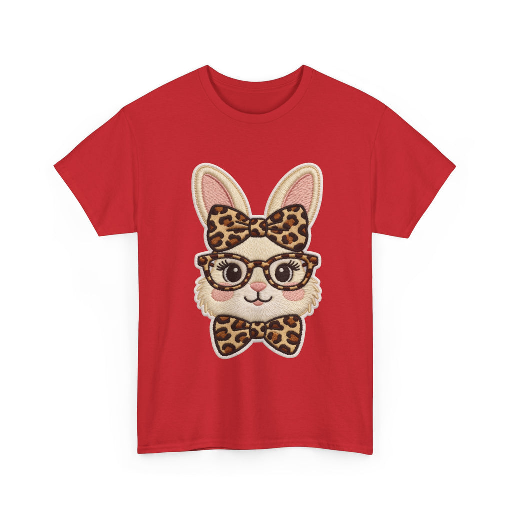 Leopard Bow Bunny Embroidered Tee — Cute Bunny Face with Glasses Patch Unisex Cotton Tee