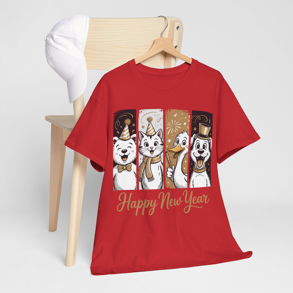 Happy New Year Party Animals T-Shirt — Cute Smiling Animals in Party Hats & Gold Fireworks..Unisex Cotton Tee
