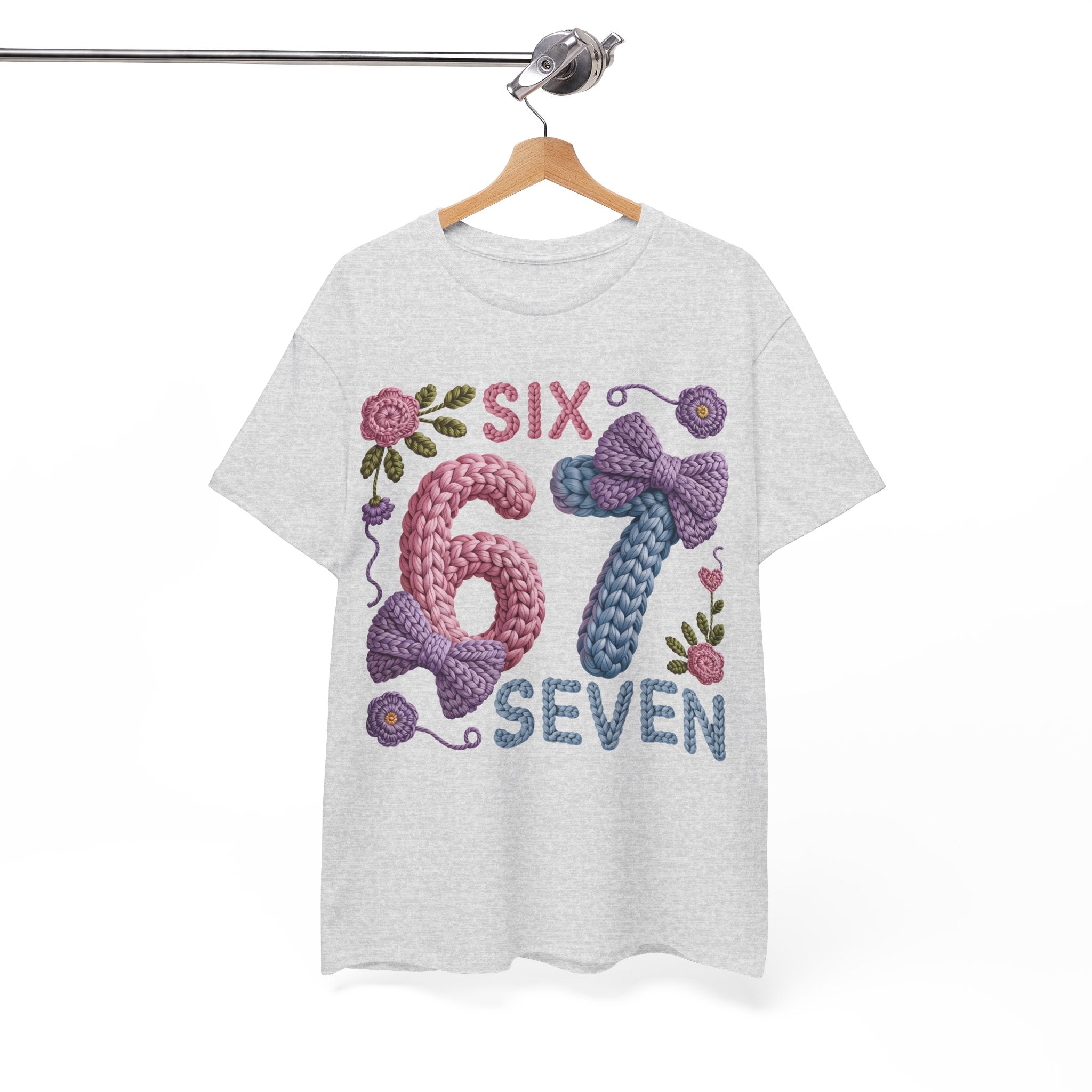Pastel Crochet Numbers 6 & 7 Tee — Faux-Yarn Bows & Flowers. Unisex Cotton Tee