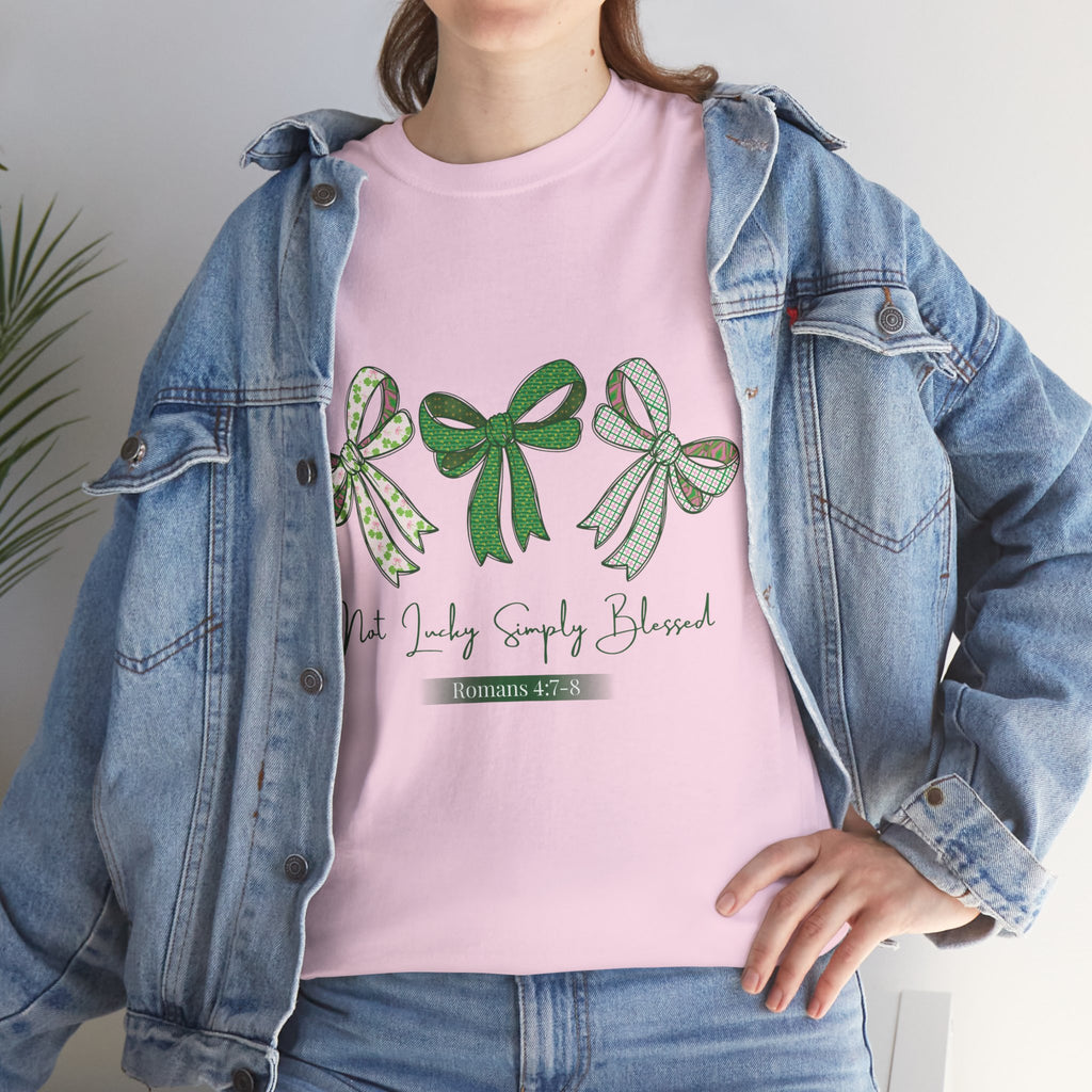 Not Lucky Simply Blessed Tee — Romans 4:7-8 Green Bow Christian Unisex Cotton T-Shirt