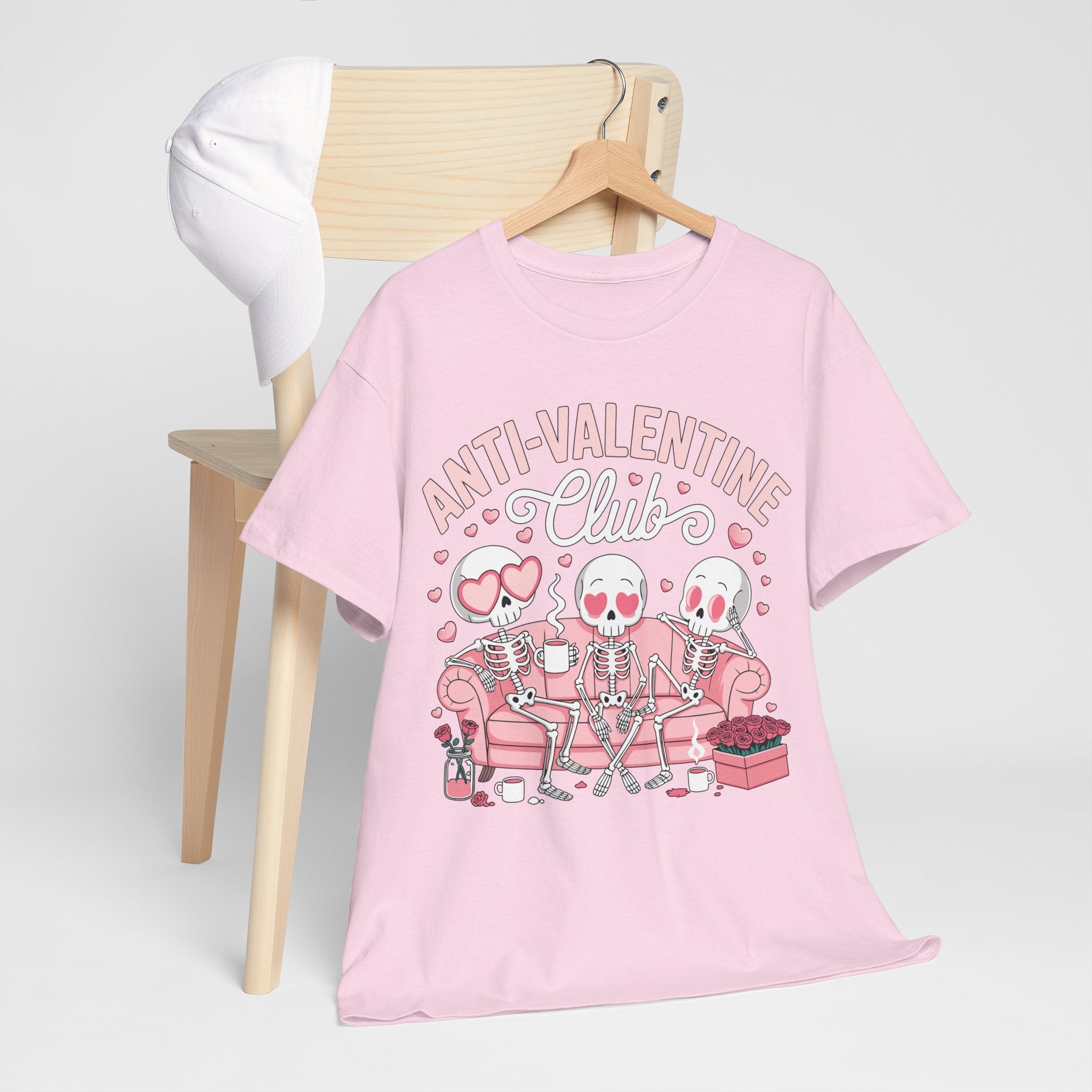 Anti-Valentine Club Skeleton Tee — Anti-Romance Pink Couch Graphic Unisex Cotton T-Shirt