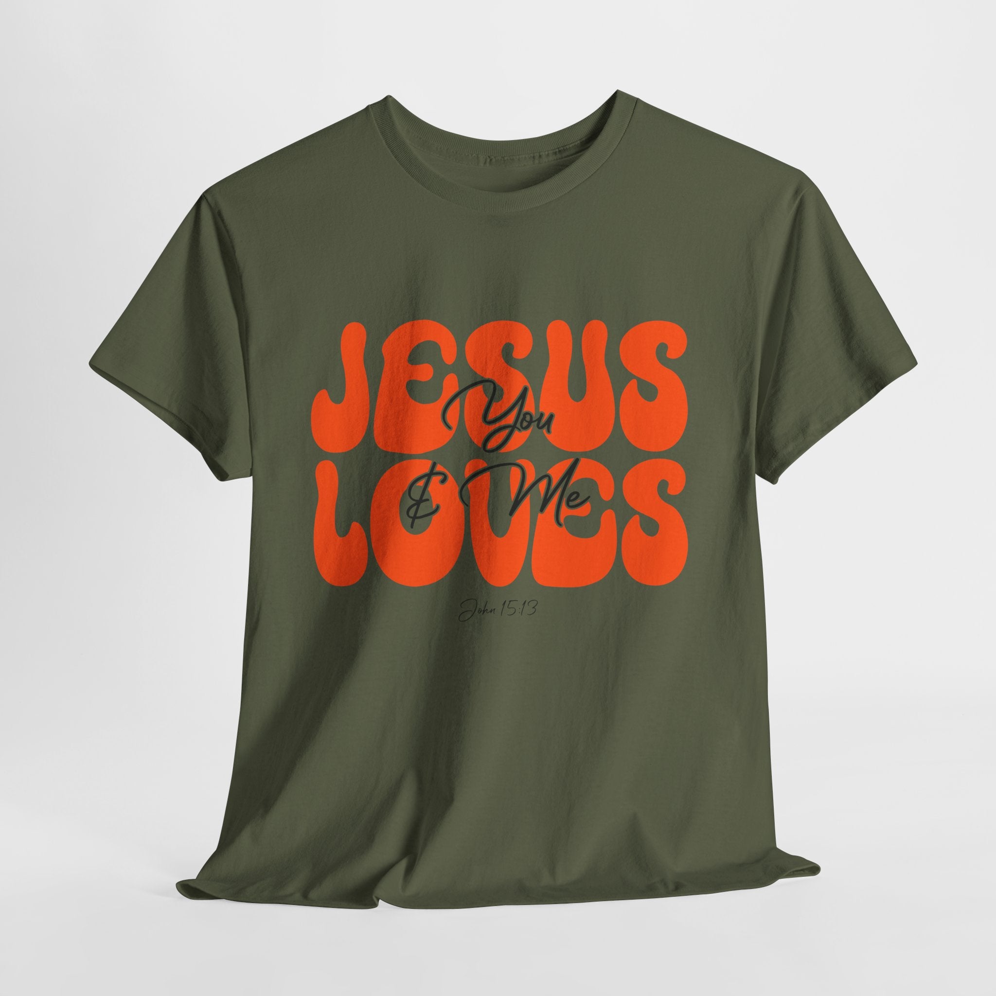 Jesus Loves You & Me Retro Tee — Playful Orange Bubbly Christian Unisex Cotton T-Shirt