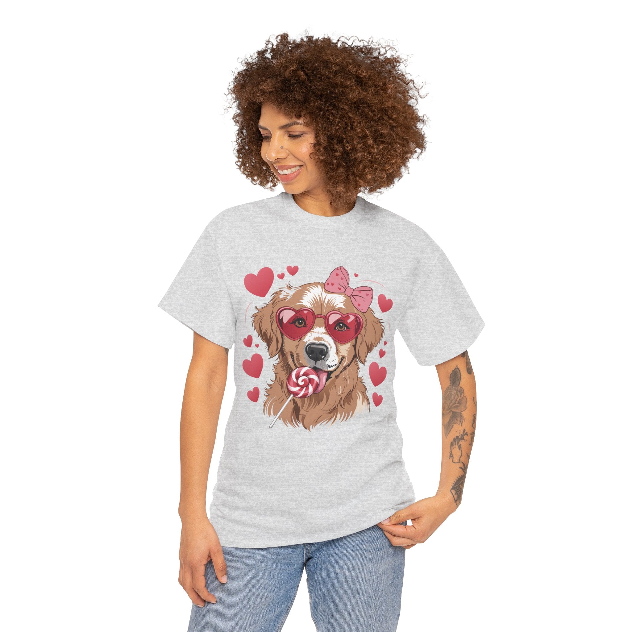 Valentine Dog T-Shirt — Cute Pup with Heart Glasses, Pink Bow & Lollipop..Unisex Cotton Tee