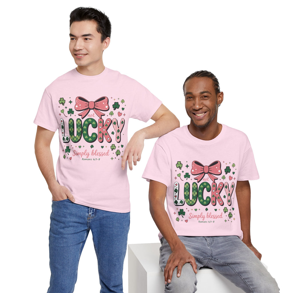 Simply Blessed Tee — “Not Lucky, Simply Blessed” with Pastel Bow, Clovers & Romans 4:7-8 Unisex Cotton Tee