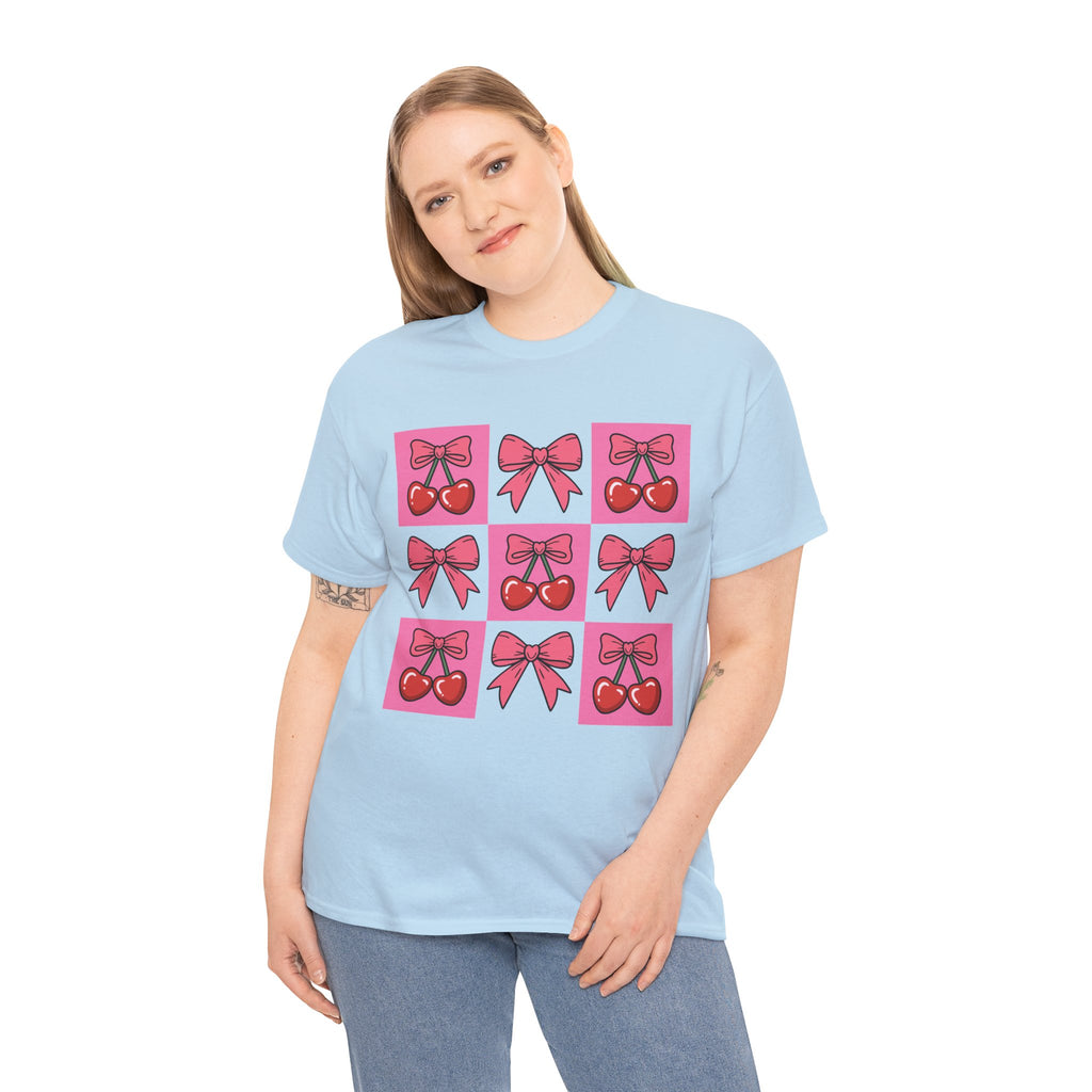Cherry & Pink Bow Checkered Unisex Cotton Tee