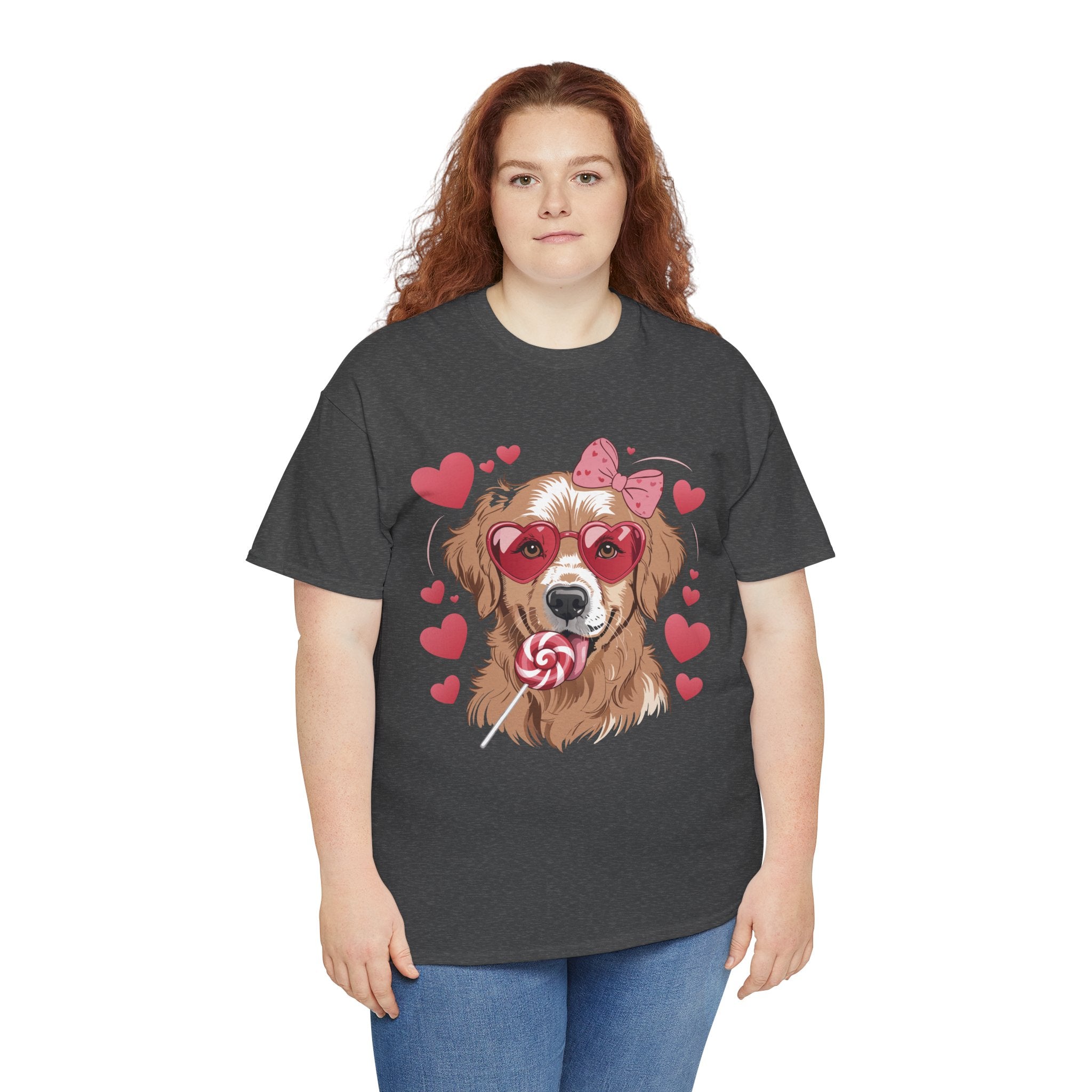Valentine Dog T-Shirt — Cute Pup with Heart Glasses, Pink Bow & Lollipop..Unisex Cotton Tee