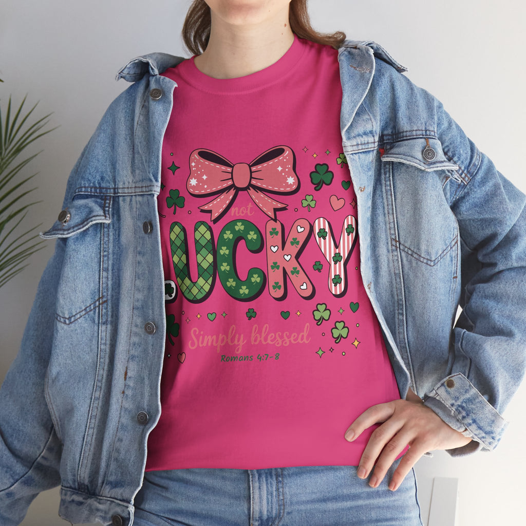 Simply Blessed Tee — “Not Lucky, Simply Blessed” with Pastel Bow, Clovers & Romans 4:7-8 Unisex Cotton Tee