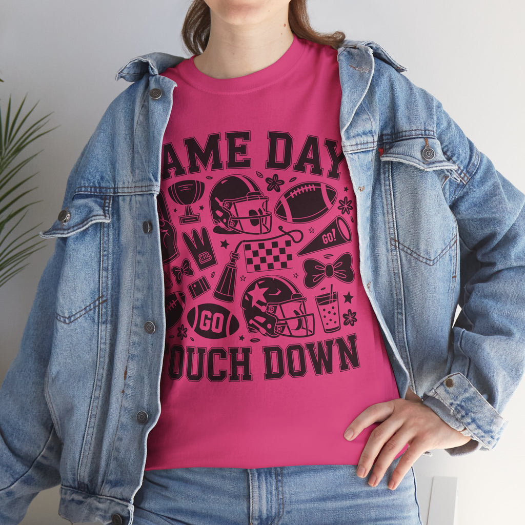 Game Day Touch Down Football T‑Shirt — Helmet & Cheer Monochrome Design Unisex Cotton Tee