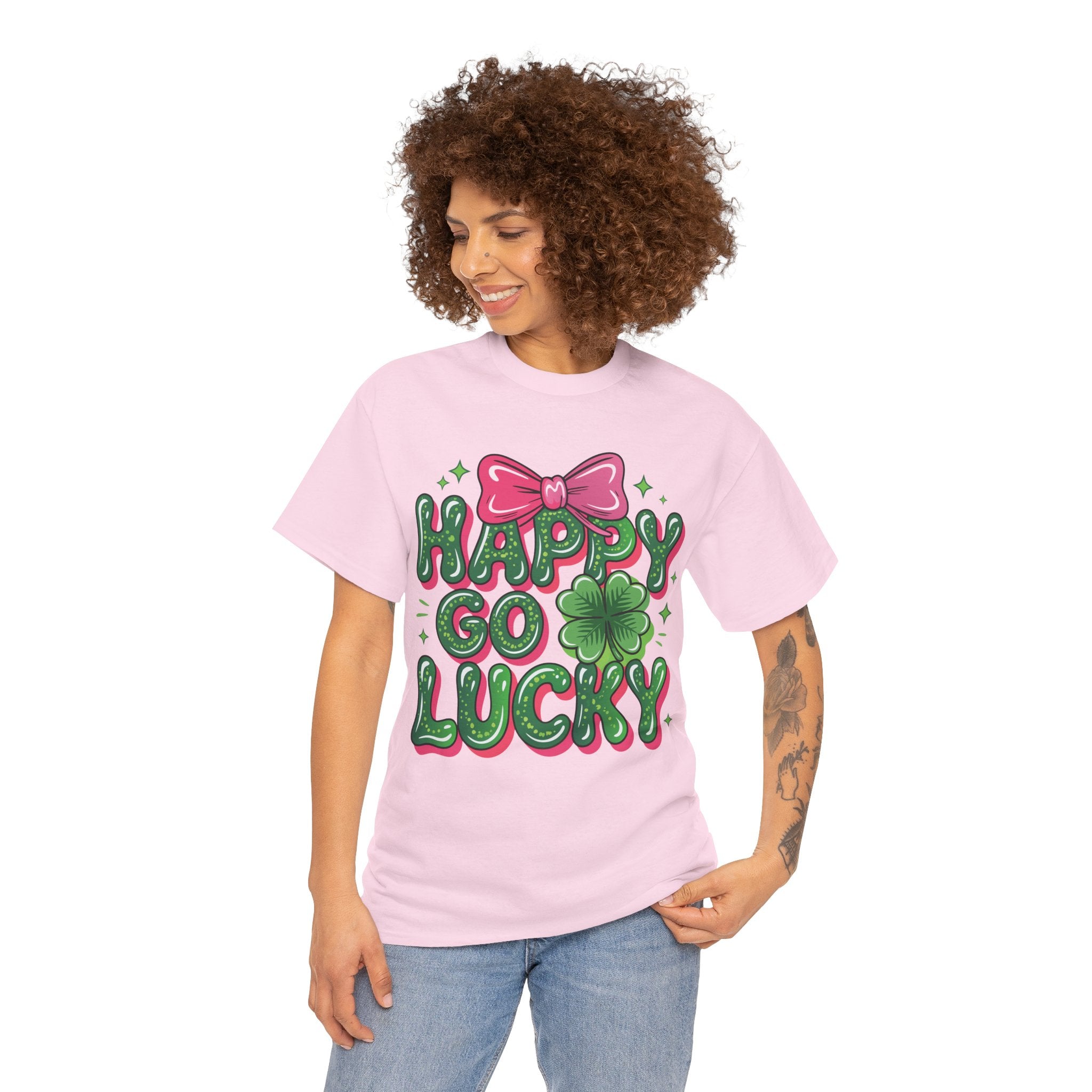 Happy Go Lucky Four-Leaf Clover Tee — Glossy Green Letters & Pink Bow Unisex Cotton Tee