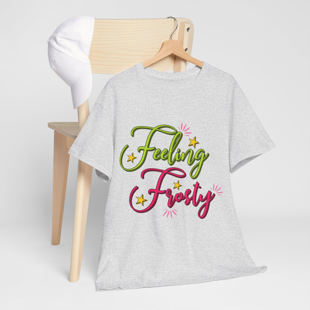 Feeling Frosty Holiday T-Shirt — Green & Pink Script Stars.Unisex Cotton Tee
