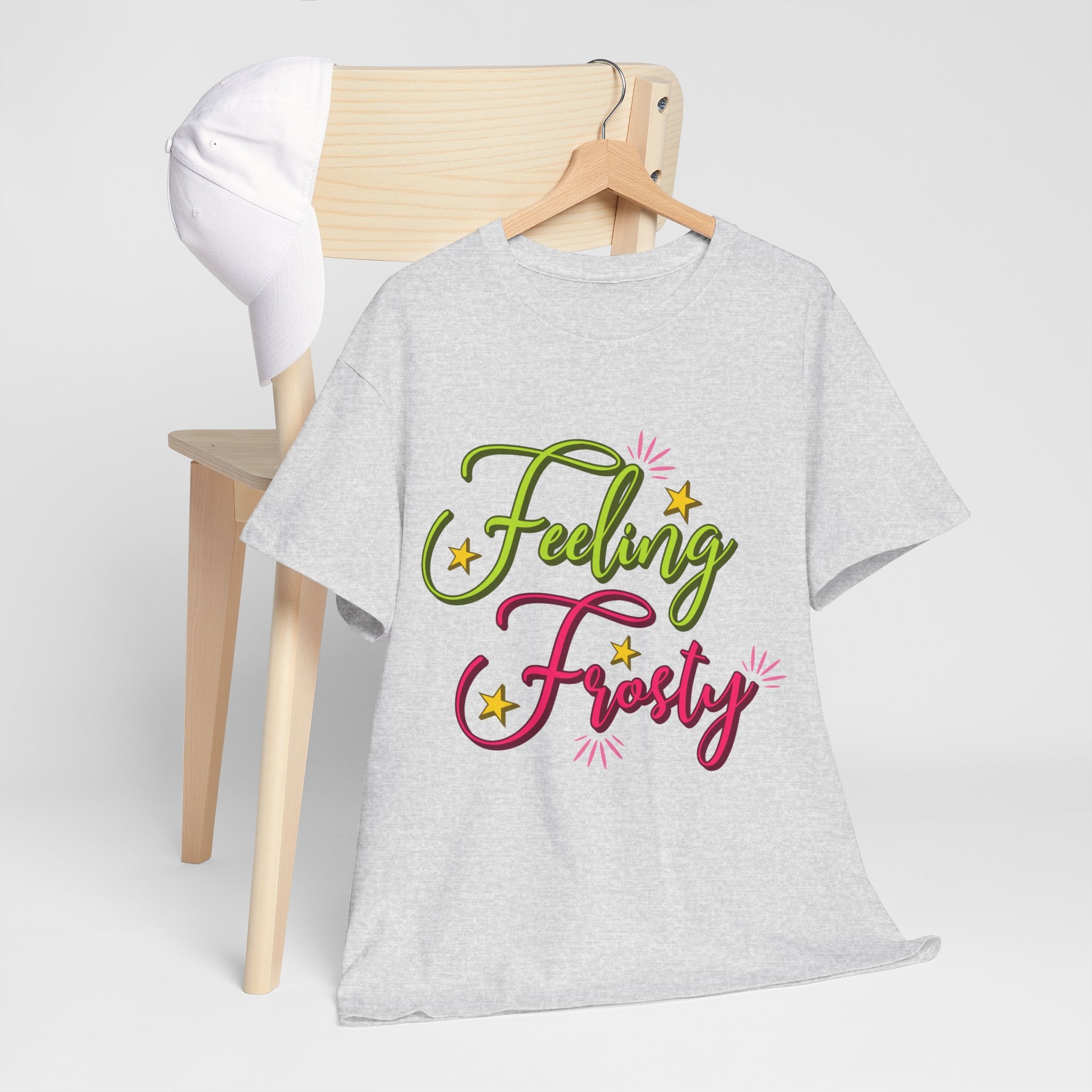 Feeling Frosty Holiday T-Shirt — Green & Pink Script Stars.Unisex Cotton Tee