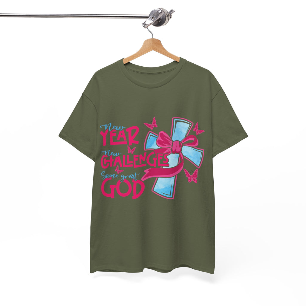 Christian T-Shirt — “New Year, New Challenges, Same Great God” with Pink Bow Cross & Butterflies. Unisex Cotton Tee