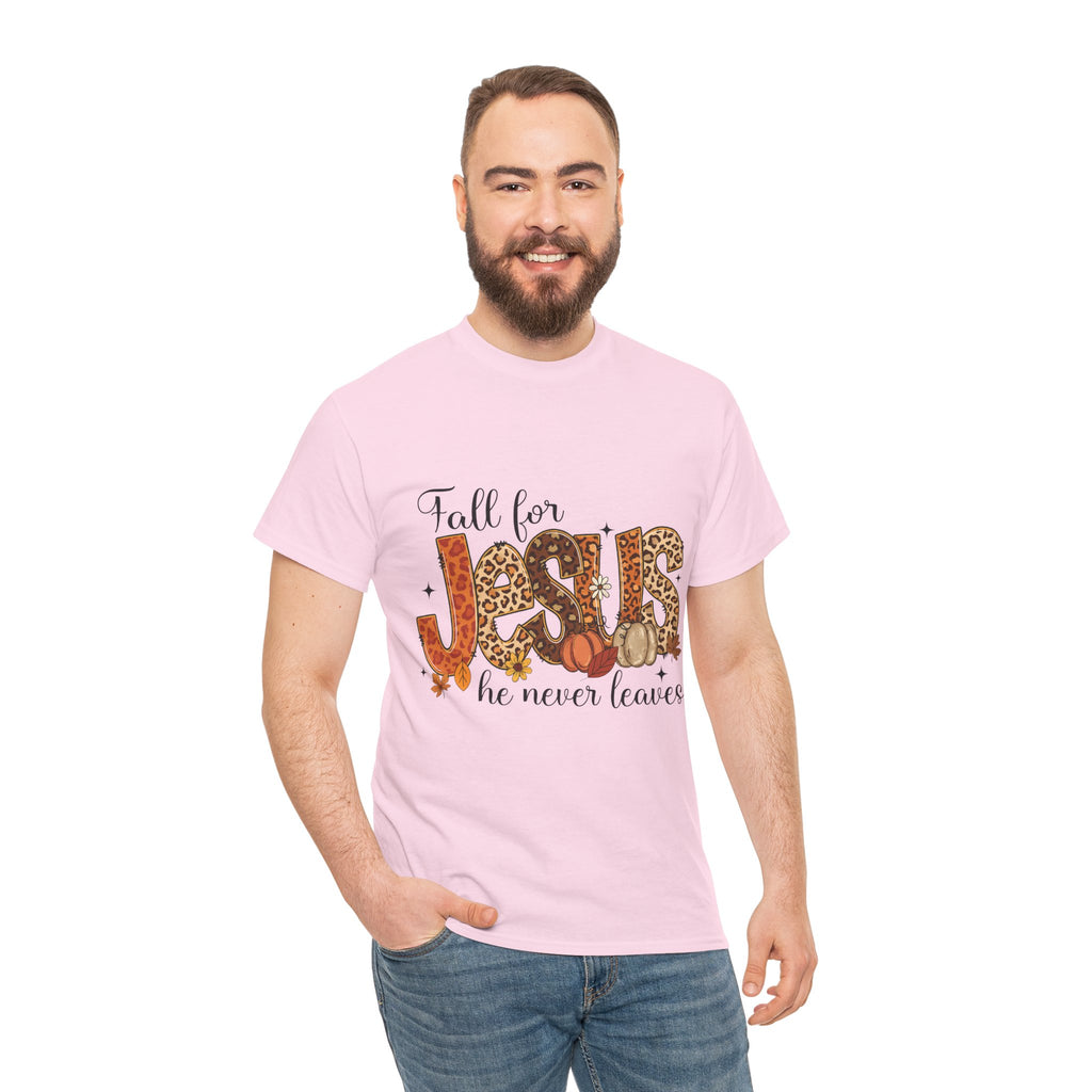 JESUS Leopard Print Fall T-Shirt — Pumpkins, Leaves & Floral Christian Unisex Cotton Tee