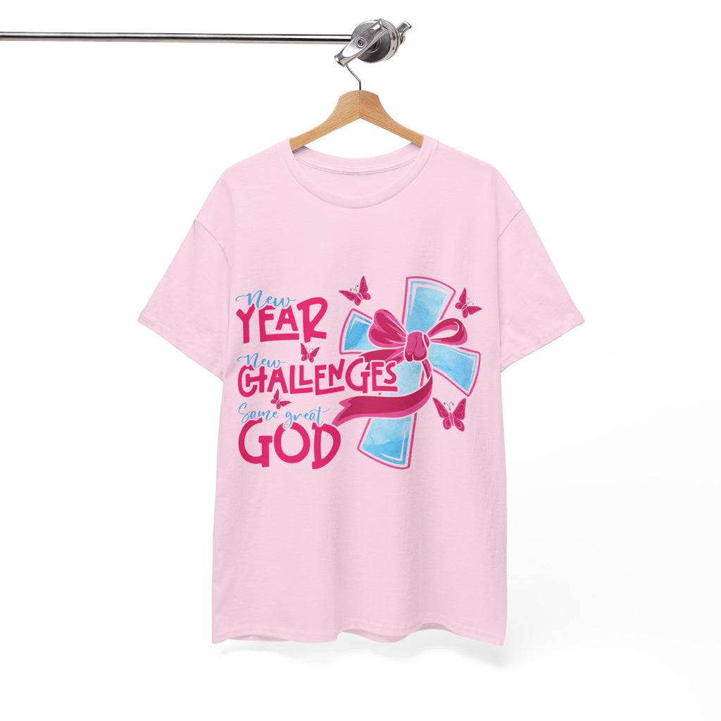 Christian T-Shirt — “New Year, New Challenges, Same Great God” with Pink Bow Cross & Butterflies. Unisex Cotton Tee
