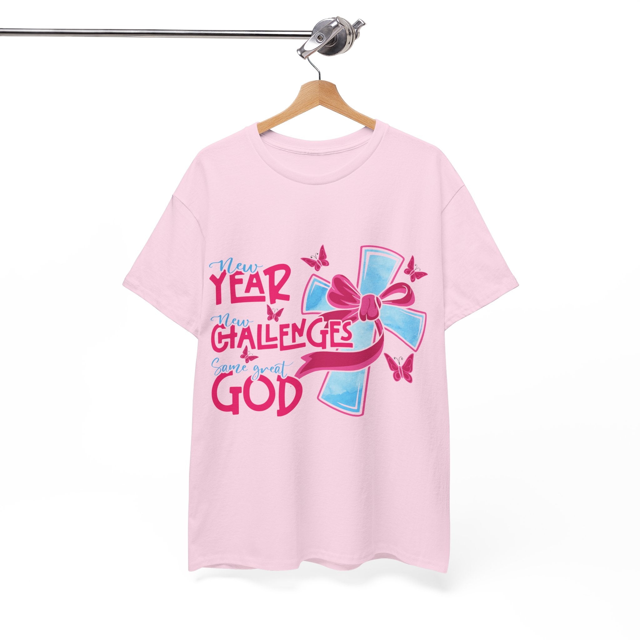 Christian T-Shirt — “New Year, New Challenges, Same Great God” with Pink Bow Cross & Butterflies. Unisex Cotton Tee