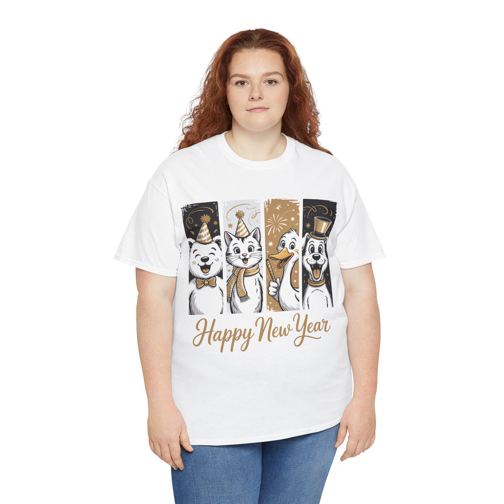Happy New Year Party Animals T-Shirt — Cute Smiling Animals in Party Hats & Gold Fireworks..Unisex Cotton Tee