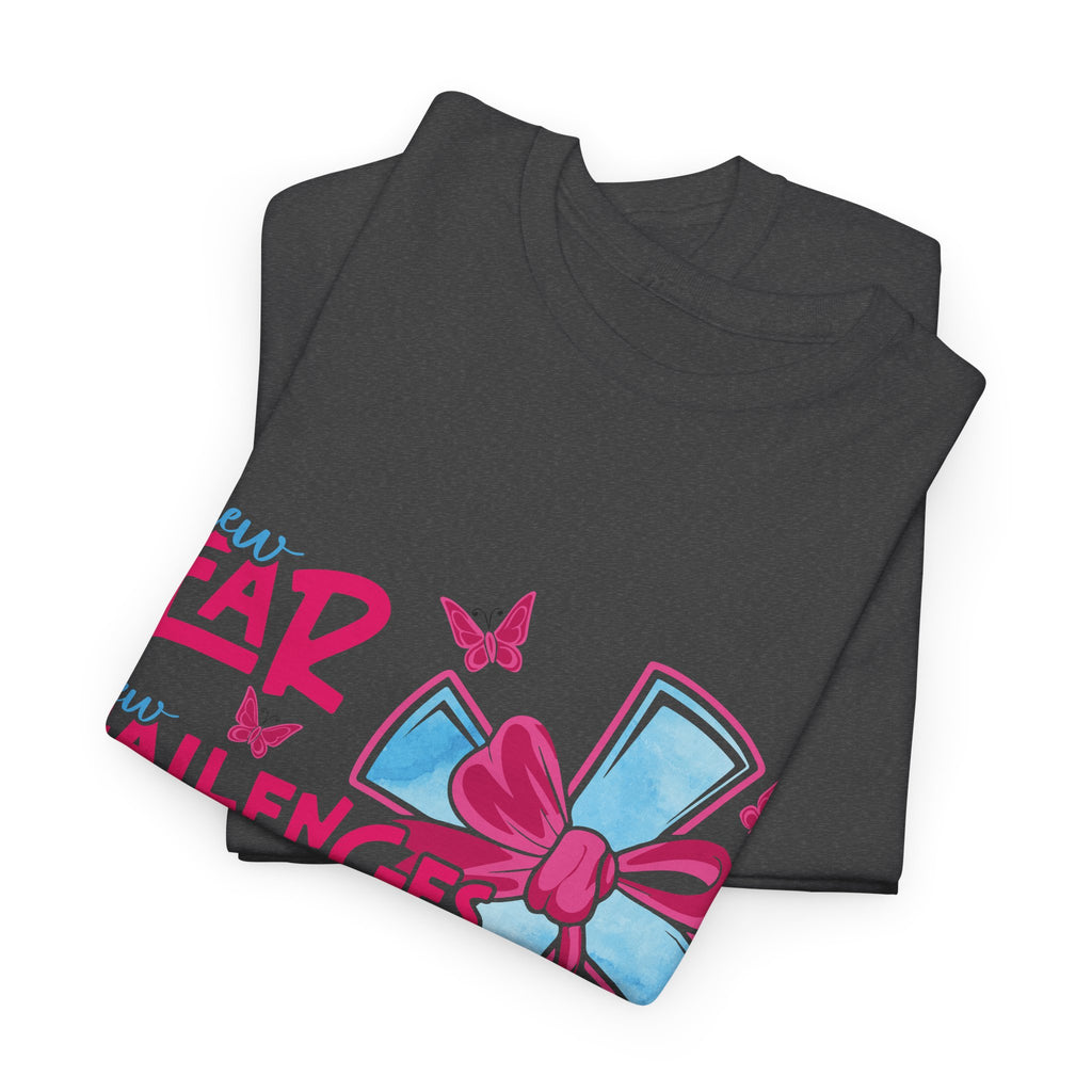 Christian T-Shirt — “New Year, New Challenges, Same Great God” with Pink Bow Cross & Butterflies. Unisex Cotton Tee