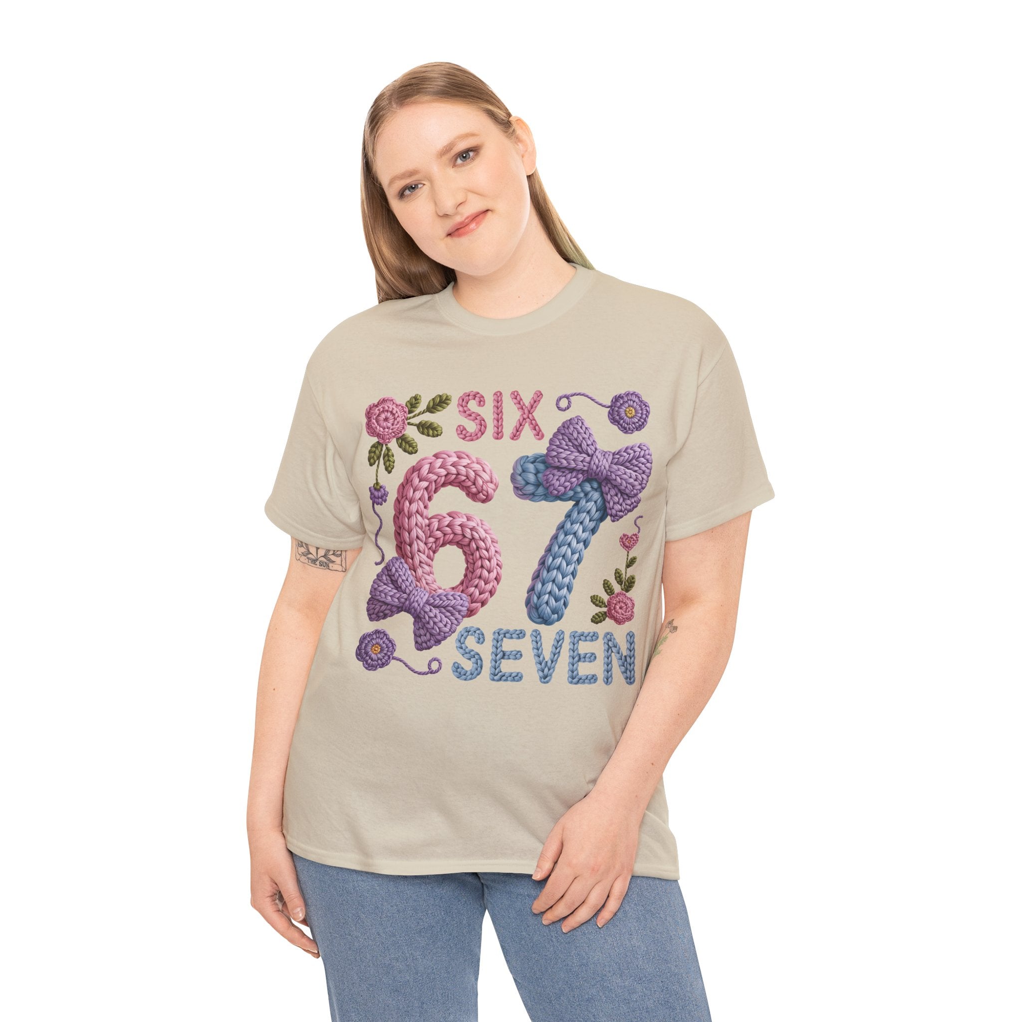 Pastel Crochet Numbers 6 & 7 Tee — Faux-Yarn Bows & Flowers. Unisex Cotton Tee