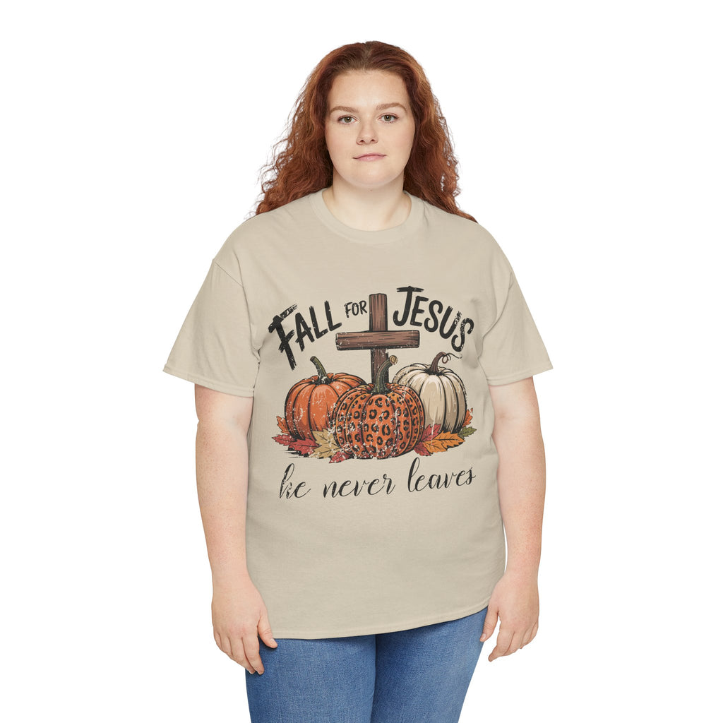 Fall for Jesus Pumpkin Cross Tee — "He Never Leaves" Autumn Christian Unisex Cotton T-Shirt