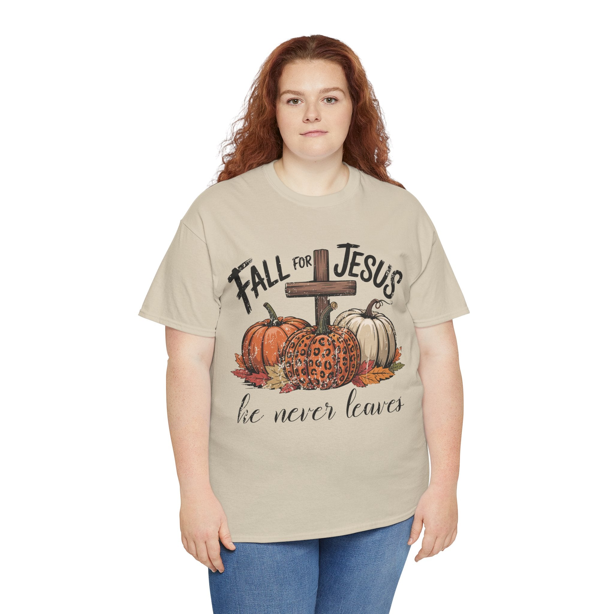 Fall for Jesus Pumpkin Cross Tee — "He Never Leaves" Autumn Christian Unisex Cotton T-Shirt