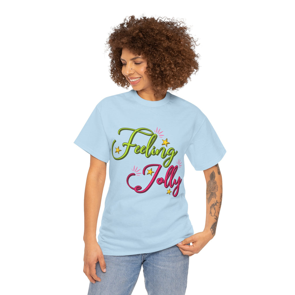 Feeling Jolly Tee — Festive Green & Pink Script with Yellow Stars Unisex Cotton Tee