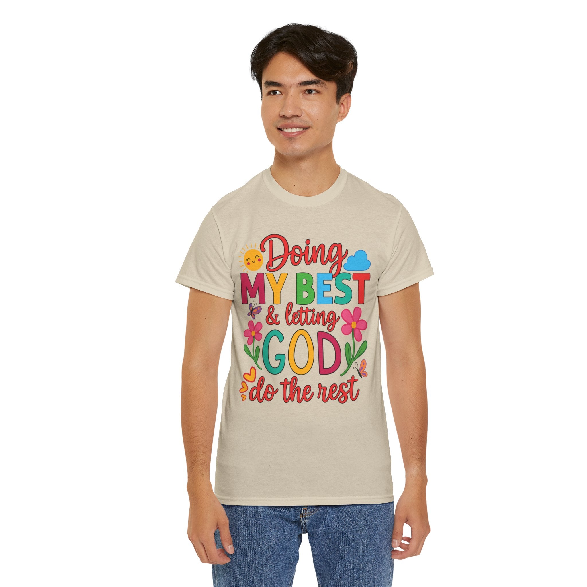 Doing My Best & Letting God Do The Rest T-Shirt — Floral Sun & Butterflies Inspirational Unisex Cotton Tee