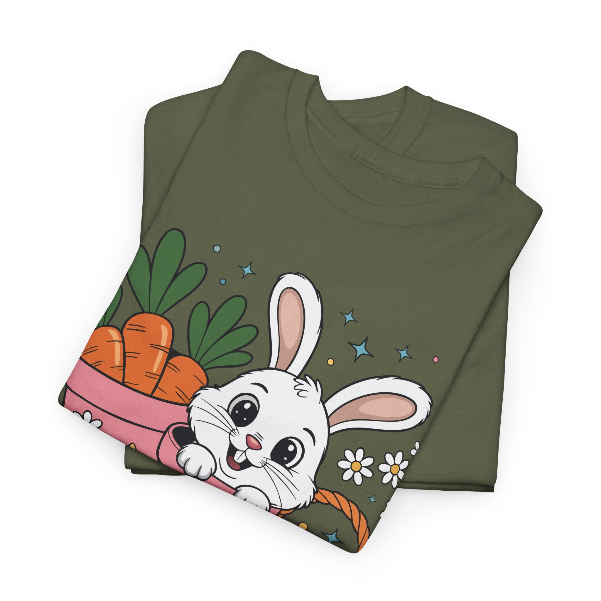 Easter Bunny in Pink Rain Boots T-Shirt — Cartoon Bunny, Carrots & Colorful Eggs Unisex Cotton Tee