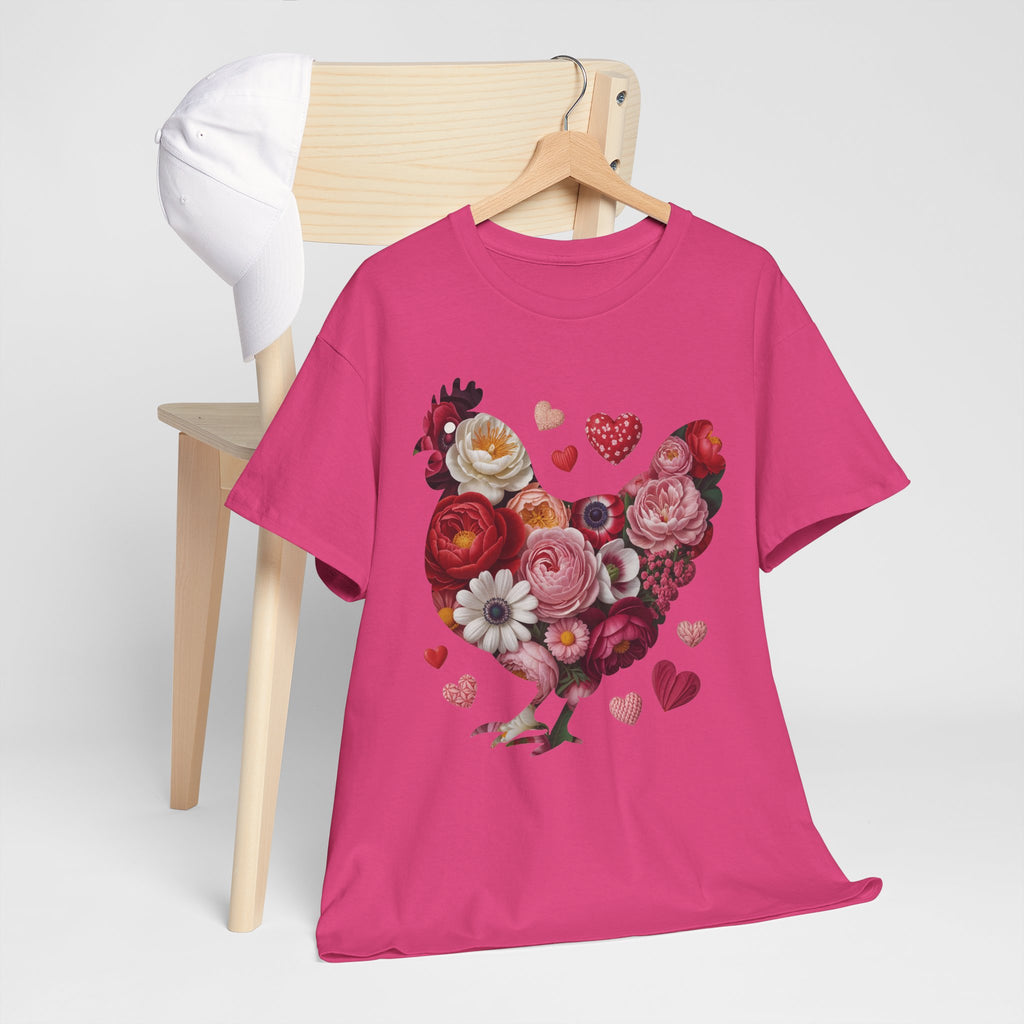 Floral Chicken Heart Tee — Red & Pink Flower Silhouette Unisex Cotton Tee