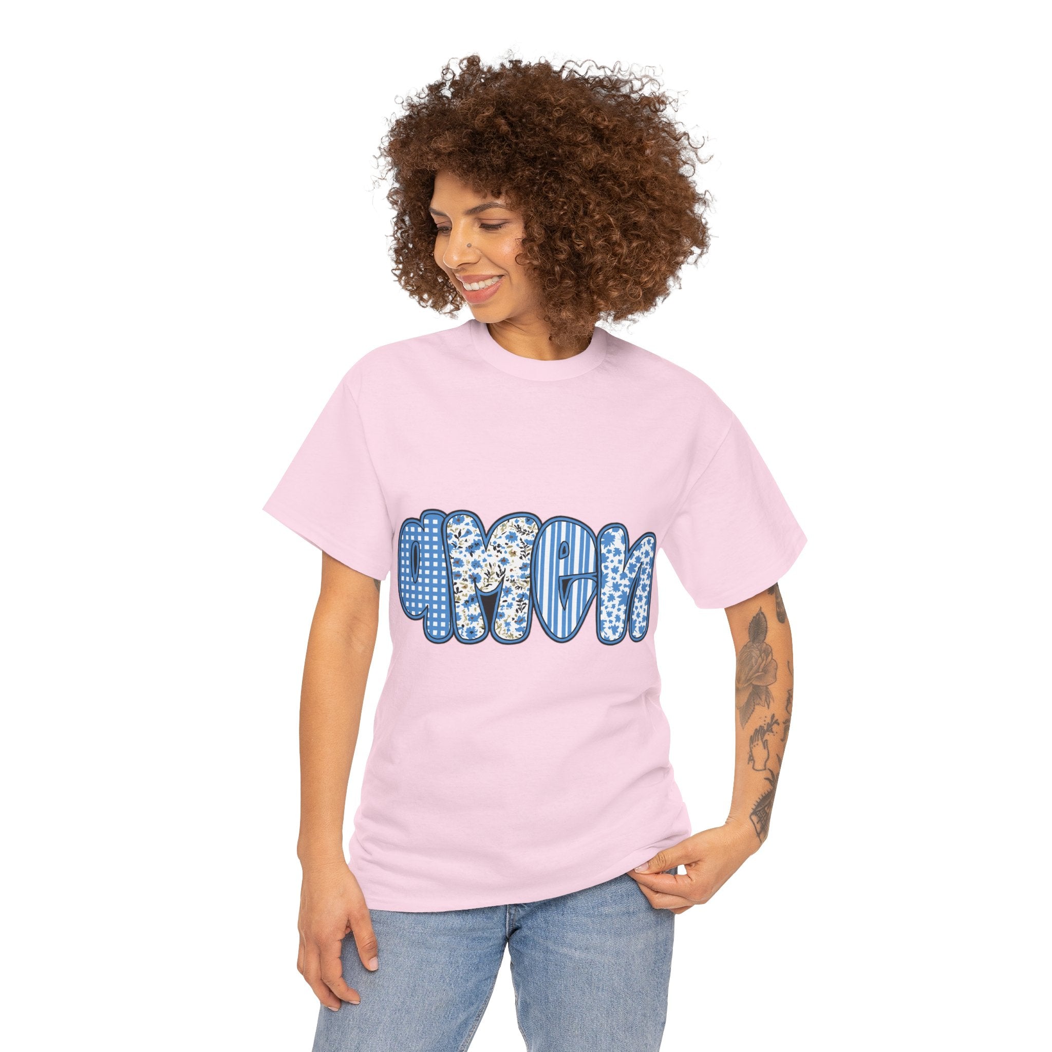 Amen Blue Floral Tee — Decorative Floral Lettering Christian Shirt Unisex Cotton Tee