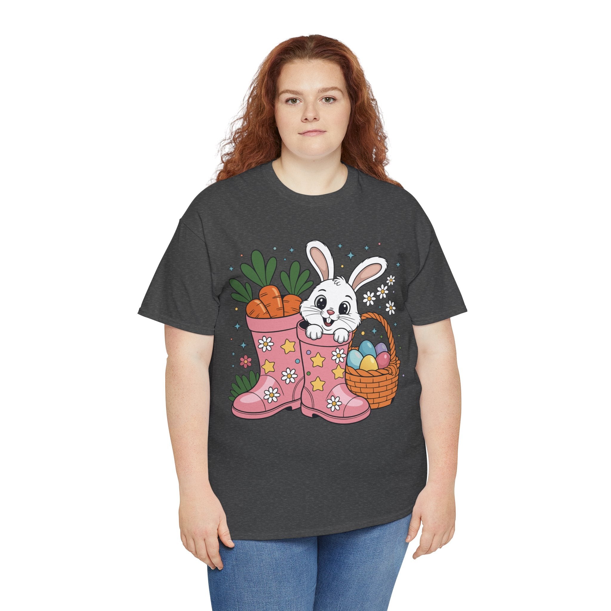Easter Bunny in Pink Rain Boots T-Shirt — Cartoon Bunny, Carrots & Colorful Eggs Unisex Cotton Tee
