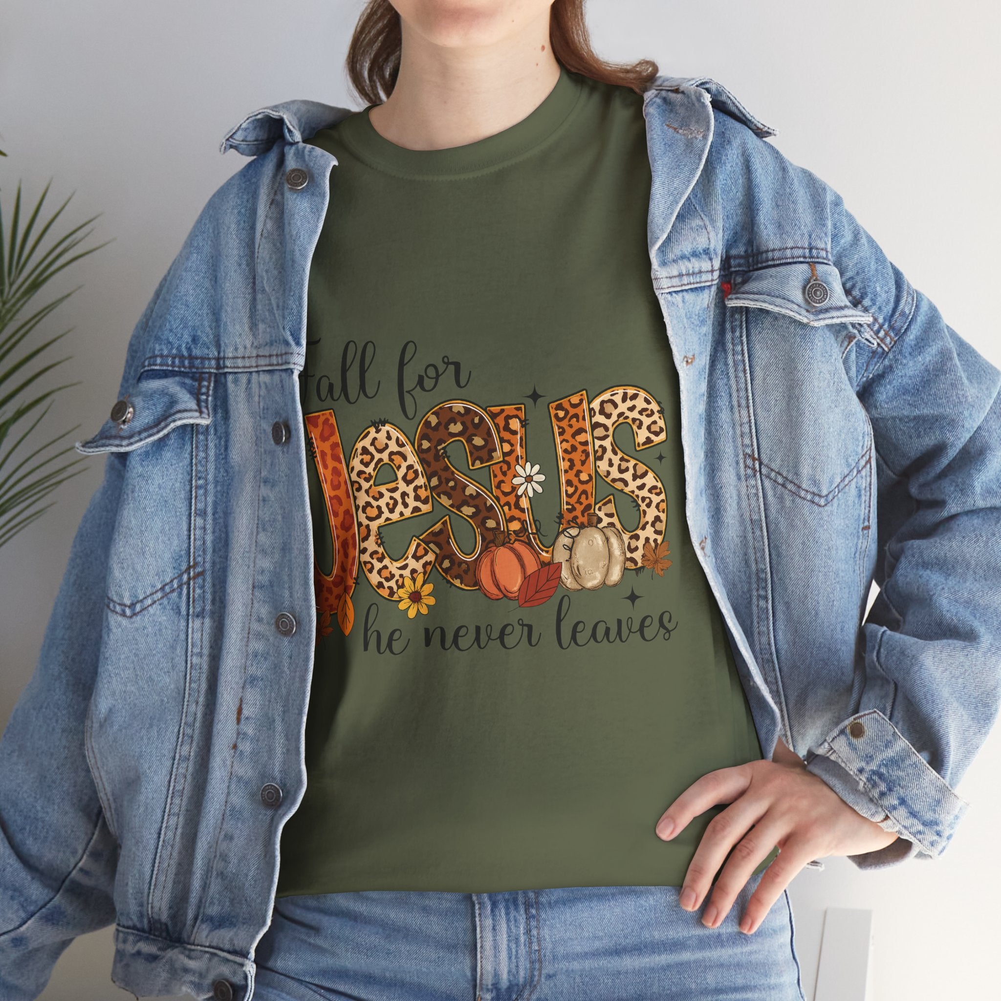 JESUS Leopard Print Fall T-Shirt — Pumpkins, Leaves & Floral Christian Unisex Cotton Tee