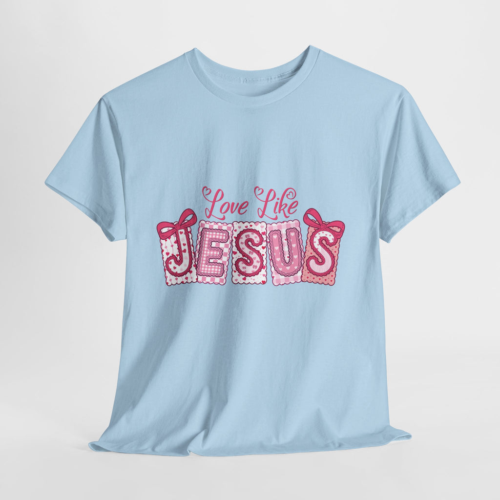 Love Like Jesus Patchwork Tee — Pink Stitched Heart Graphic.Unisex Cotton Tee