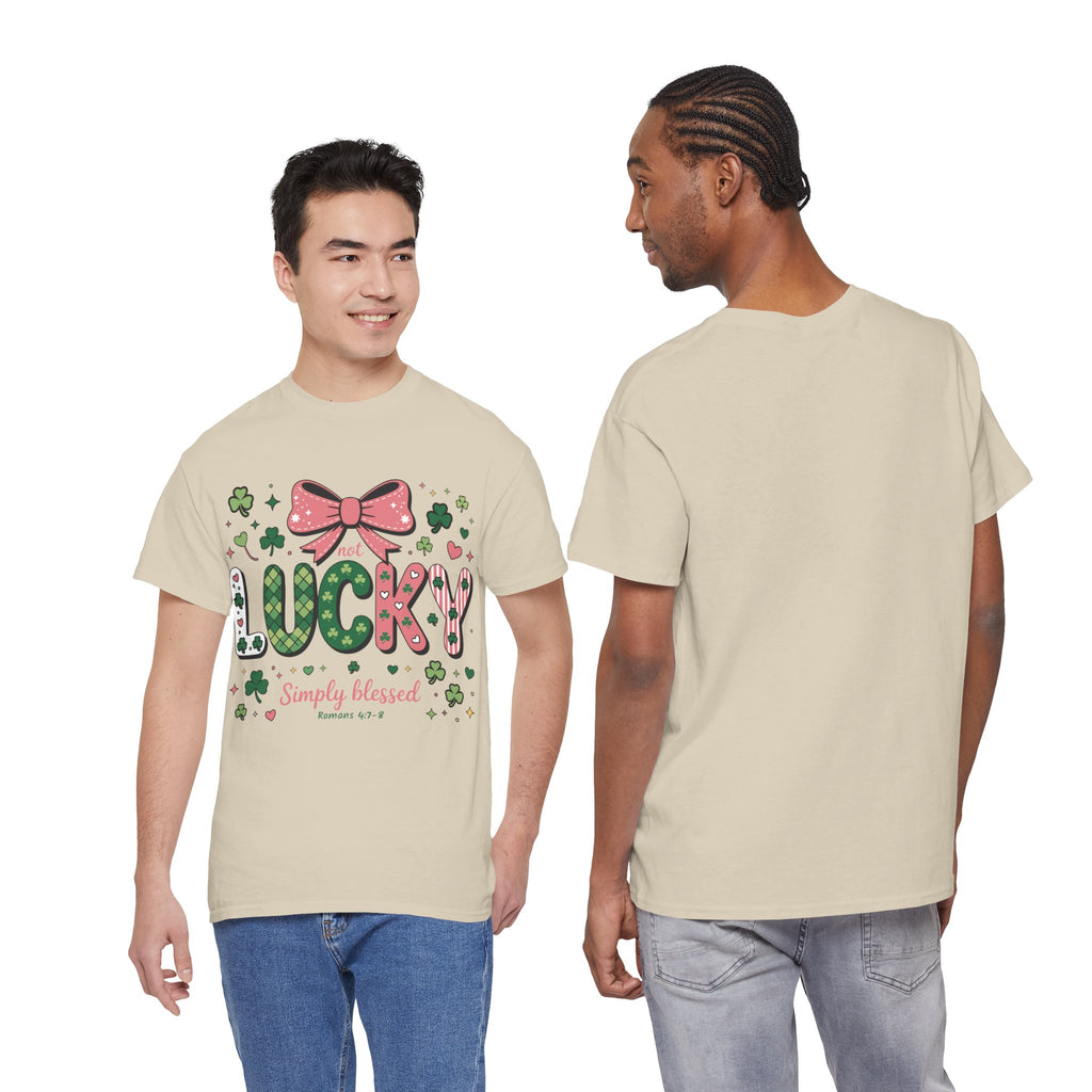 Simply Blessed Tee — “Not Lucky, Simply Blessed” with Pastel Bow, Clovers & Romans 4:7-8 Unisex Cotton Tee
